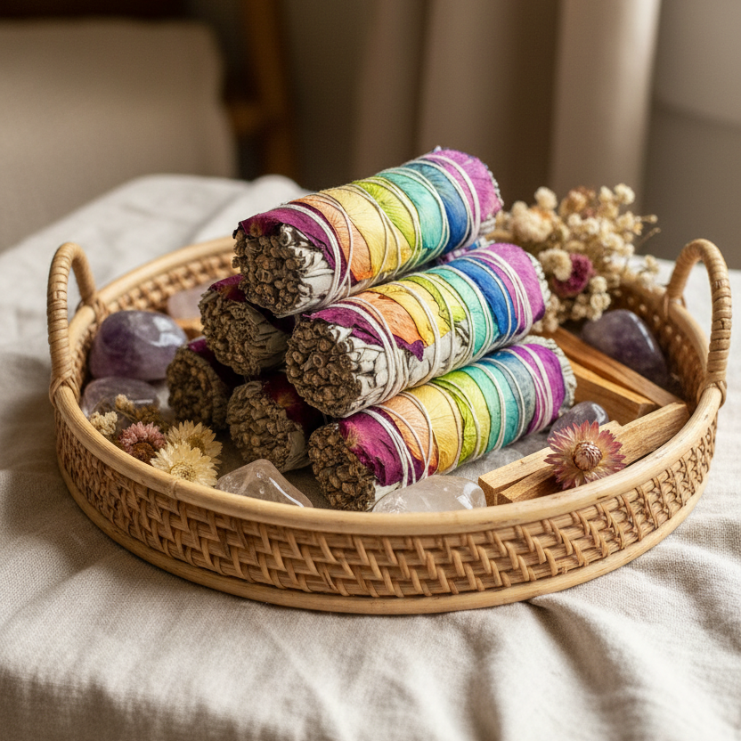 Rainbow Sage Bundle - Rattan Tray & Crystals