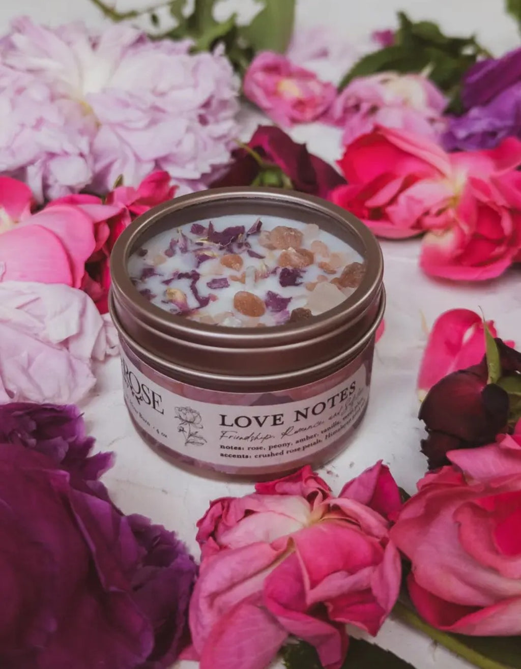 Love Notes: Soy Candle with Rose Petals + Pink Himalayan Salt 8oz