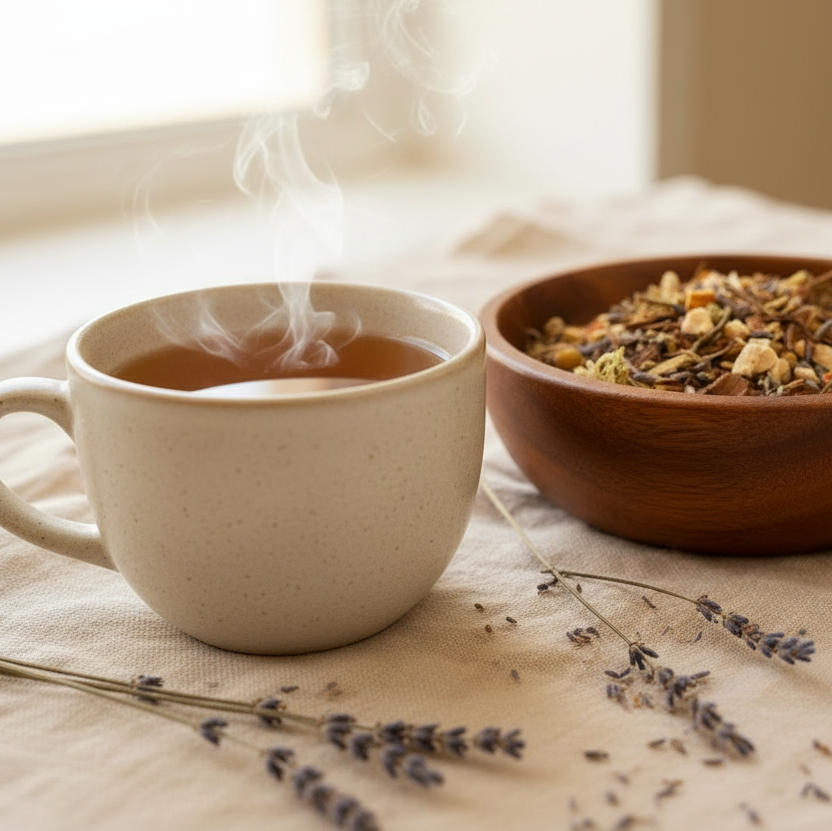 Side angle with ceramic mug of brewed tea
